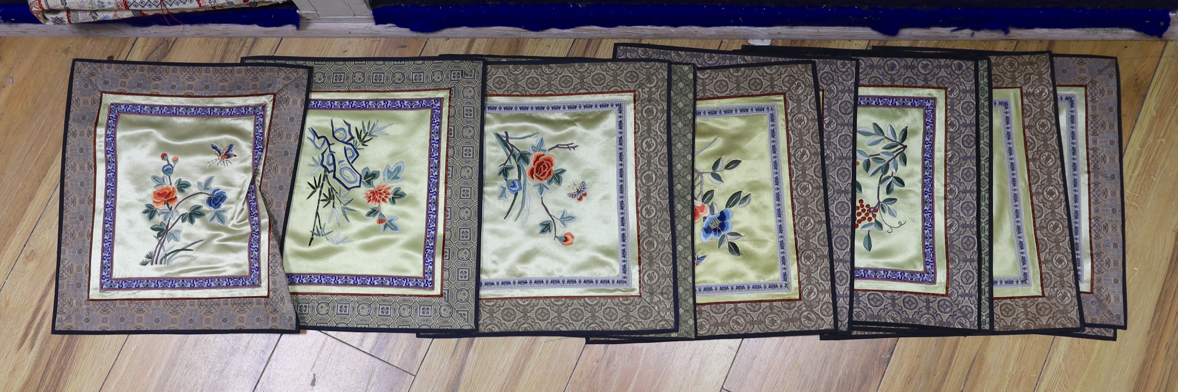 Eleven Chinese silk embroidered panels